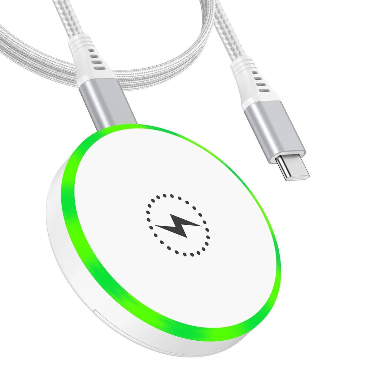 Flat circular charging pad with magnetic centre and USB-C cable