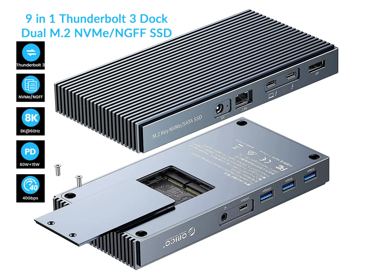 Grey rectangular Thunderbolt 3 dock with dual M.2 bays and multiple ports