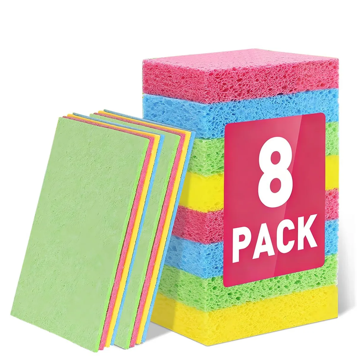 Eight compressed cellulose sponges, dry flat sheets, natural wood pulp finish