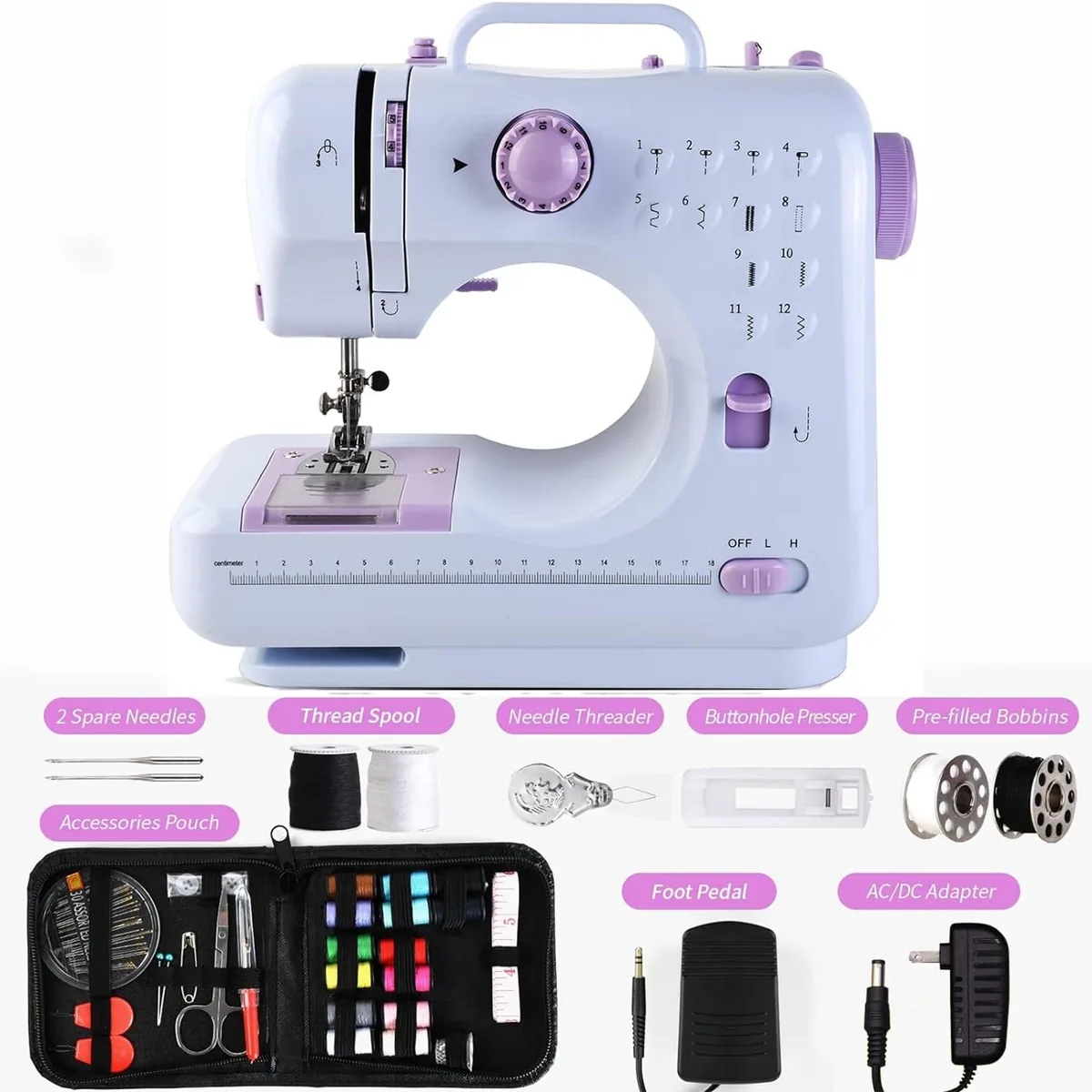 Compact white plastic sewing machine, rectangular with rounded edges, handwheel on right side, spool pin on top, foot pedal attached