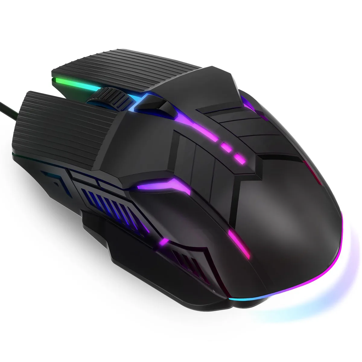 Black wired gaming mouse with RGB lighting, ergonomic right-handed shape, six buttons and USB cable