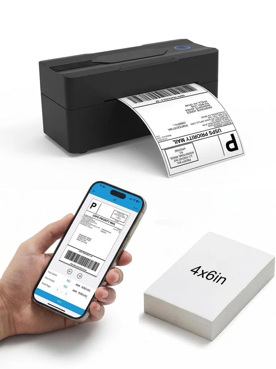 Compact white thermal label printer with Bluetooth and USB connections