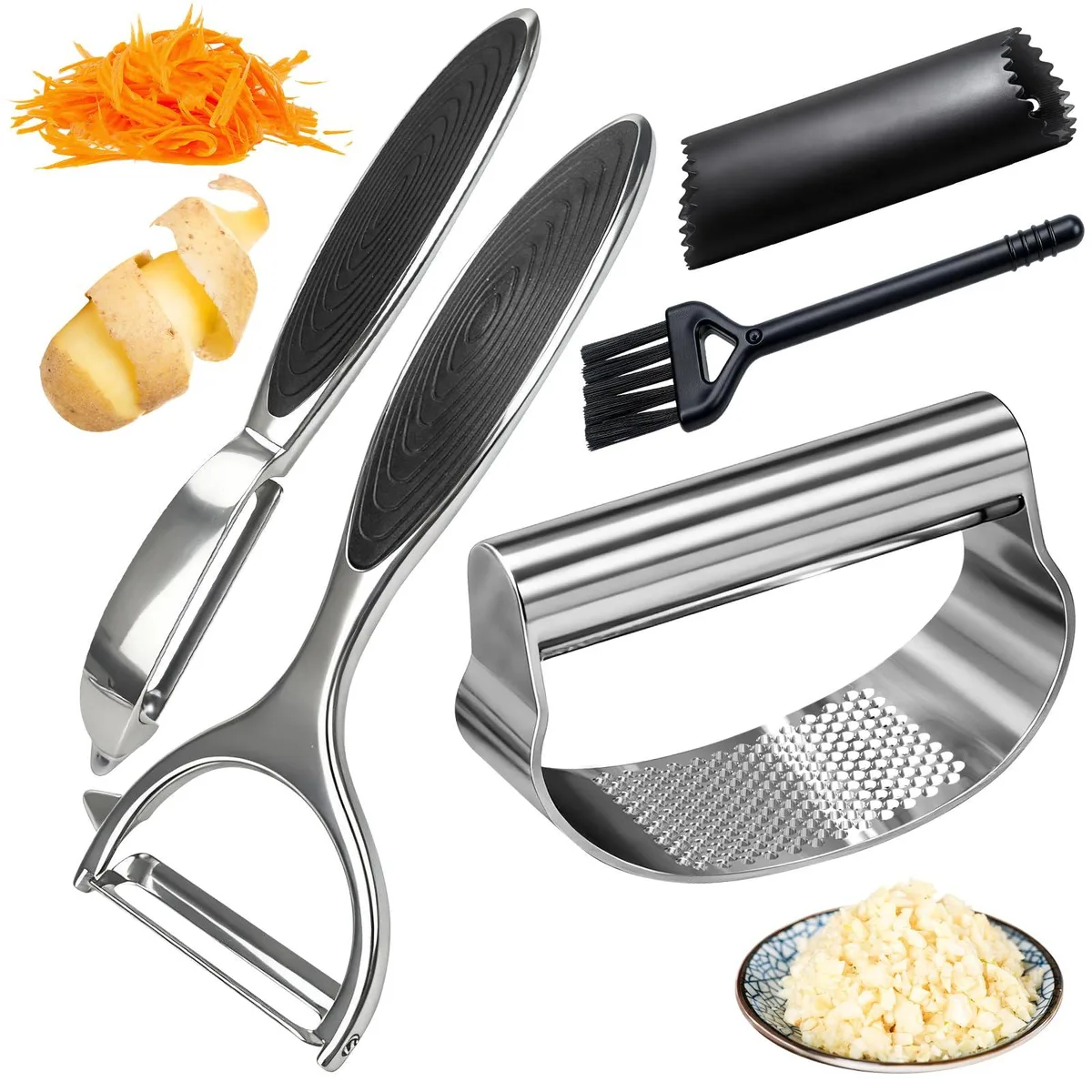 Garlic Press Rocker Set & All-in-One Vegetable Peeler — product photo