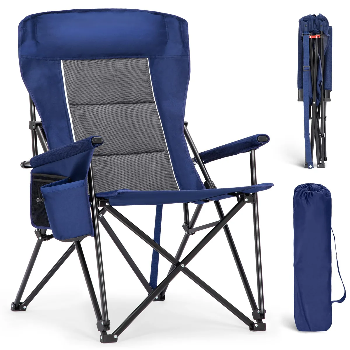 Folding camping chair in camouflage fabric with steel frame, cup holder and side pocket