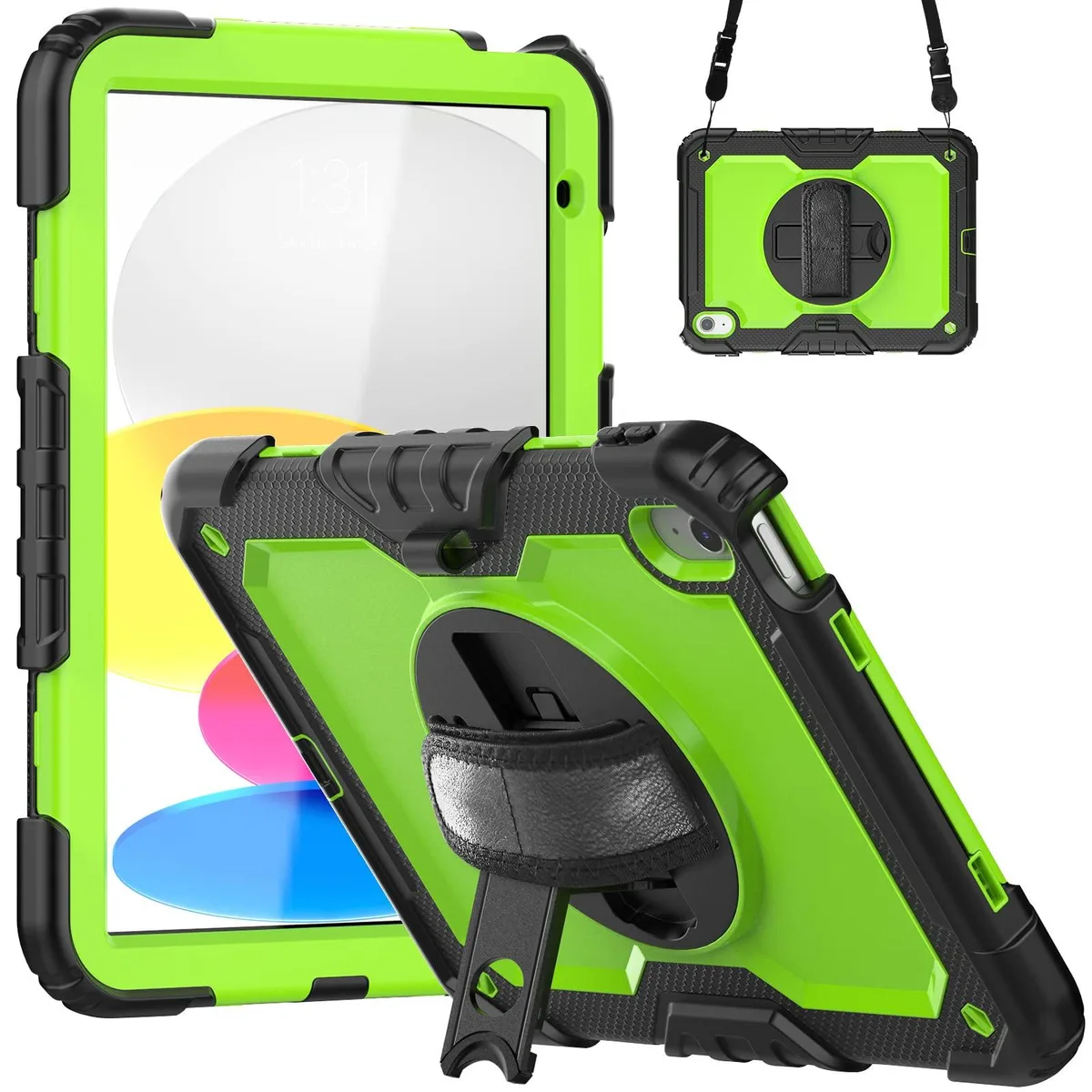 Green heavy-duty protective case with rotatable kickstand and shoulder strap