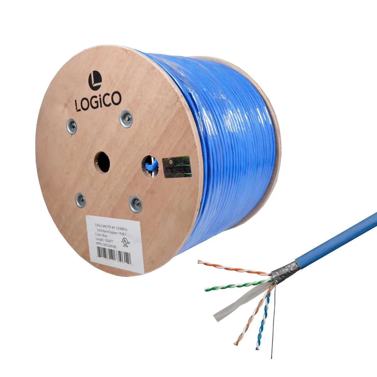 Logico Logico Cat6 FTP Shielded CMR Bulk Ethernet Cable 550MHz Pure Copper Blue 1000ft — product photo