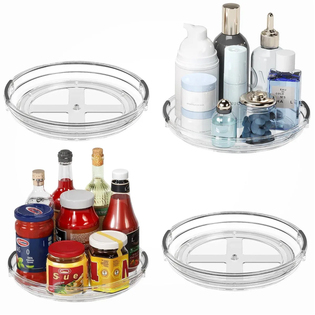 Four clear 9.25 inch rotating turntables with raised edges