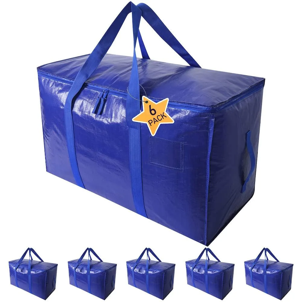 Six beige woven tote bags with zippers and reinforced handles, folded flat