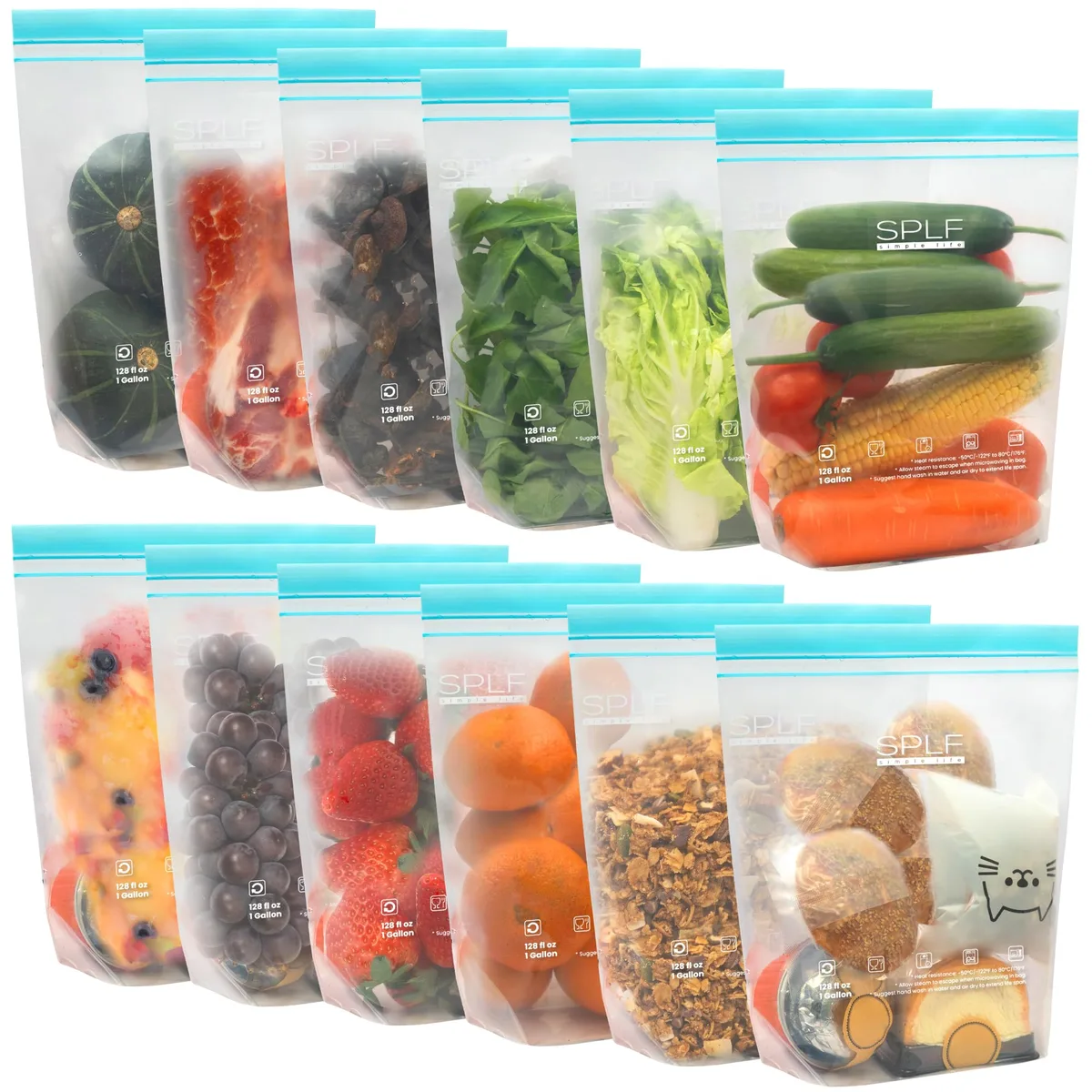 Twelve red gallon food storage bags with zipper seals, made of clear polyethylene, shown flat and standing upright