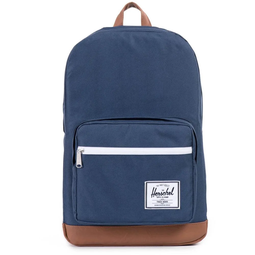 Navy backpack, rectangular shape, woven label, waterproof zipper detail