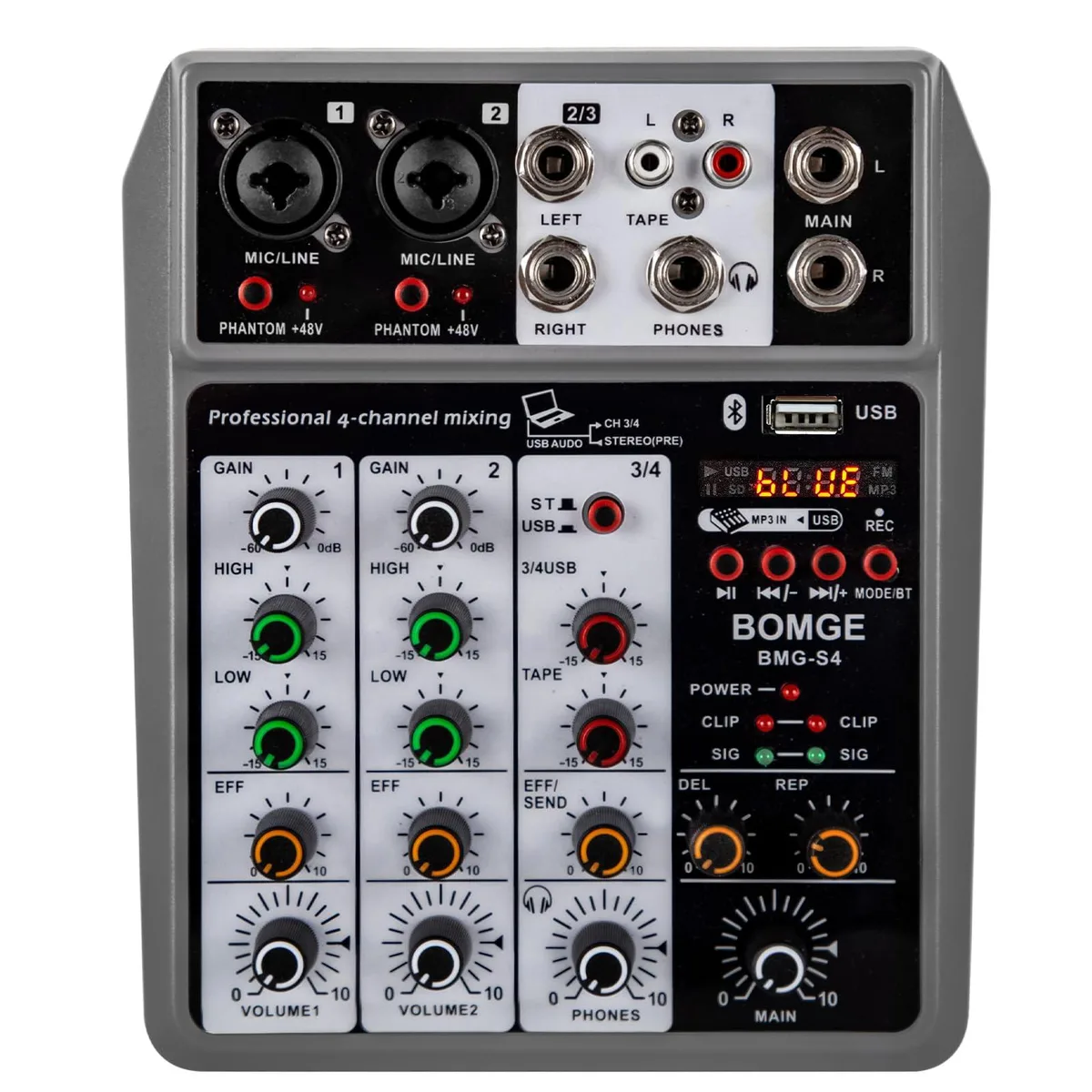  BOMGE 04F 4-channel DJ mixer Bluetooth 5.0 48V phantom power — product photo
