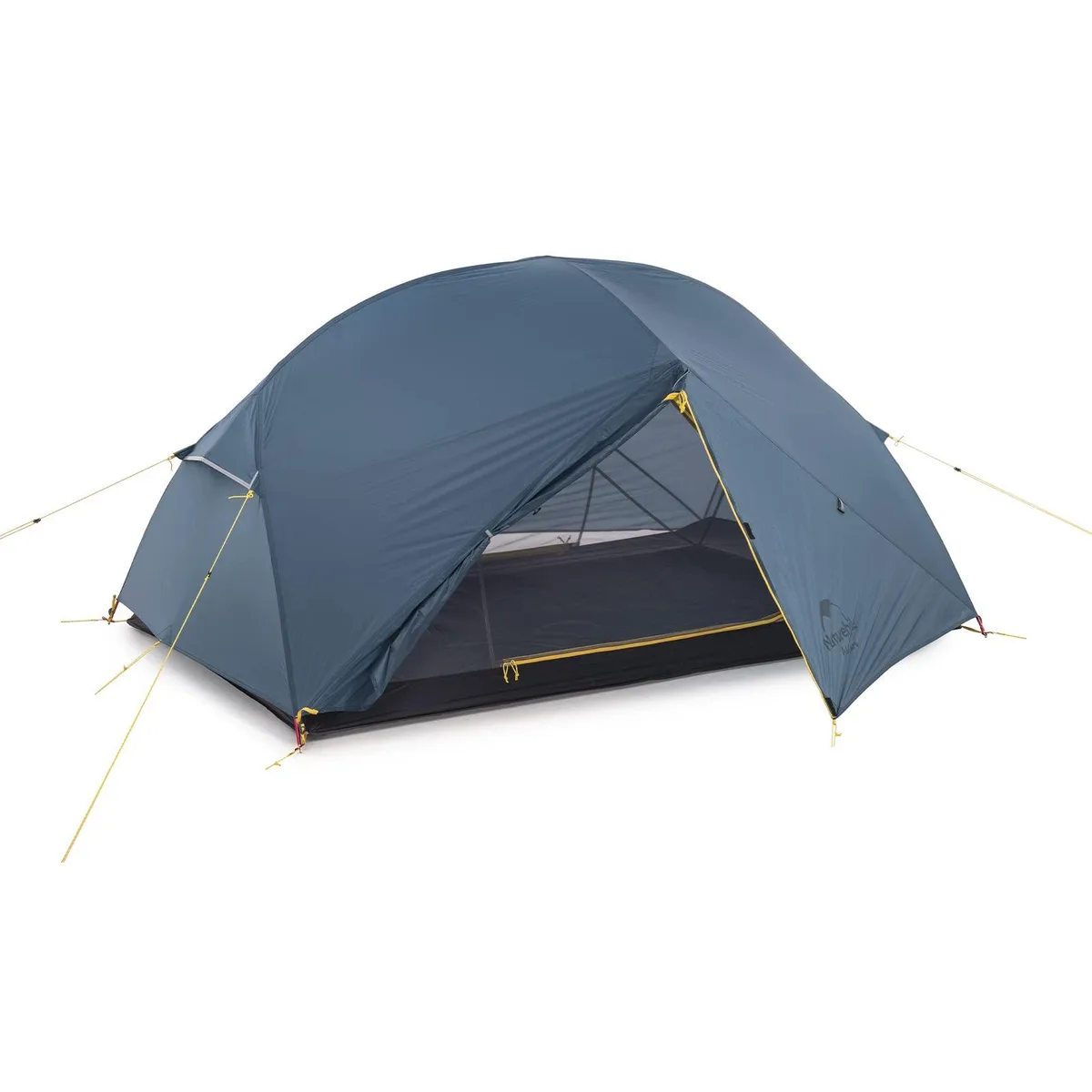 Navy blue freestanding backpacking tent with Y frame poles and two vestibules