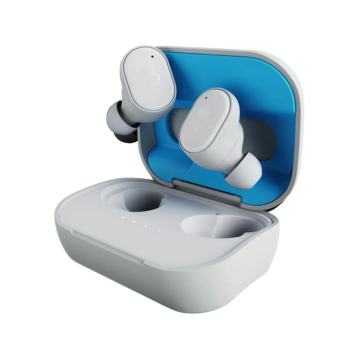 Light grey and blue true wireless earbuds with matching charging case