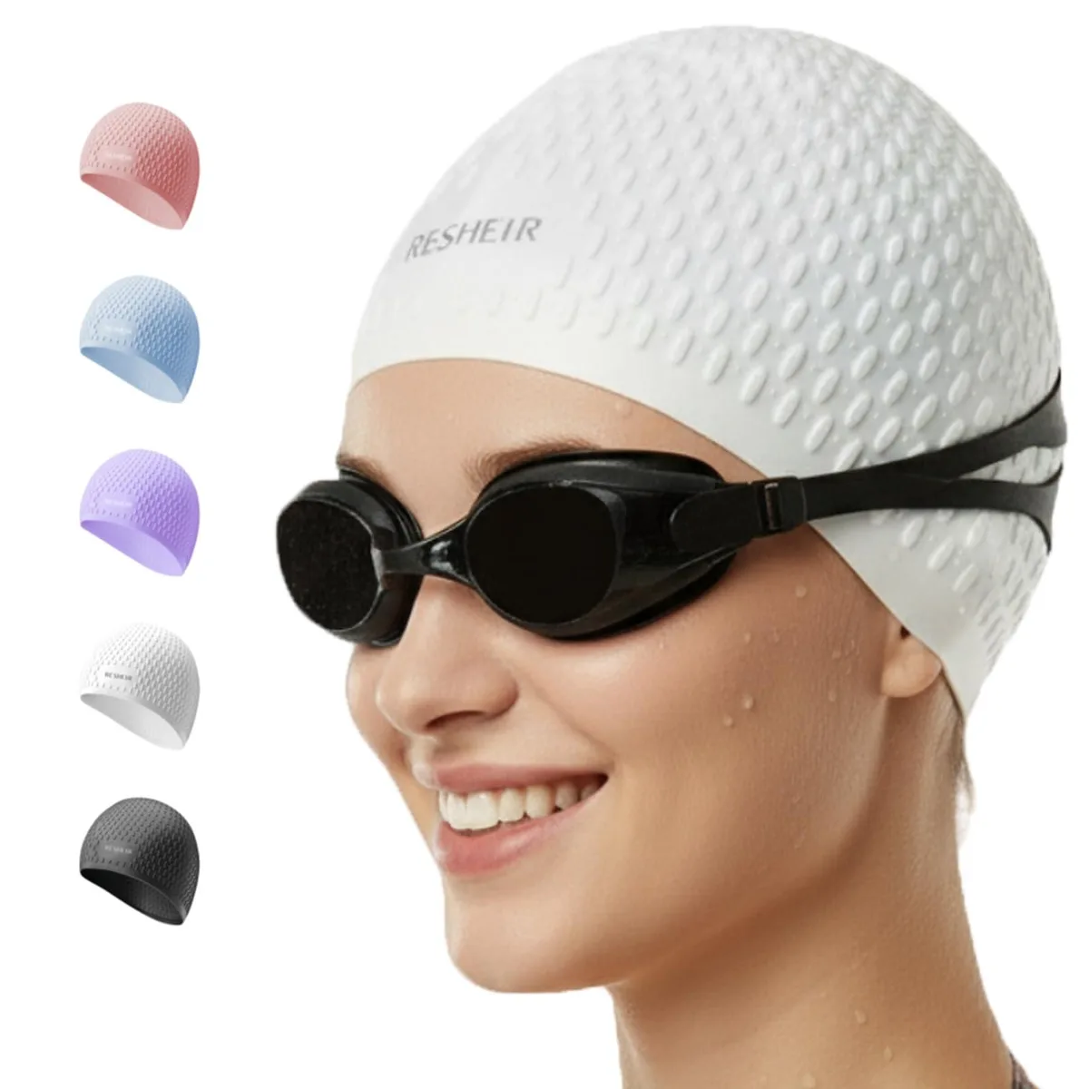 White silicone swim cap, extra-large crown, textured non-slip surface