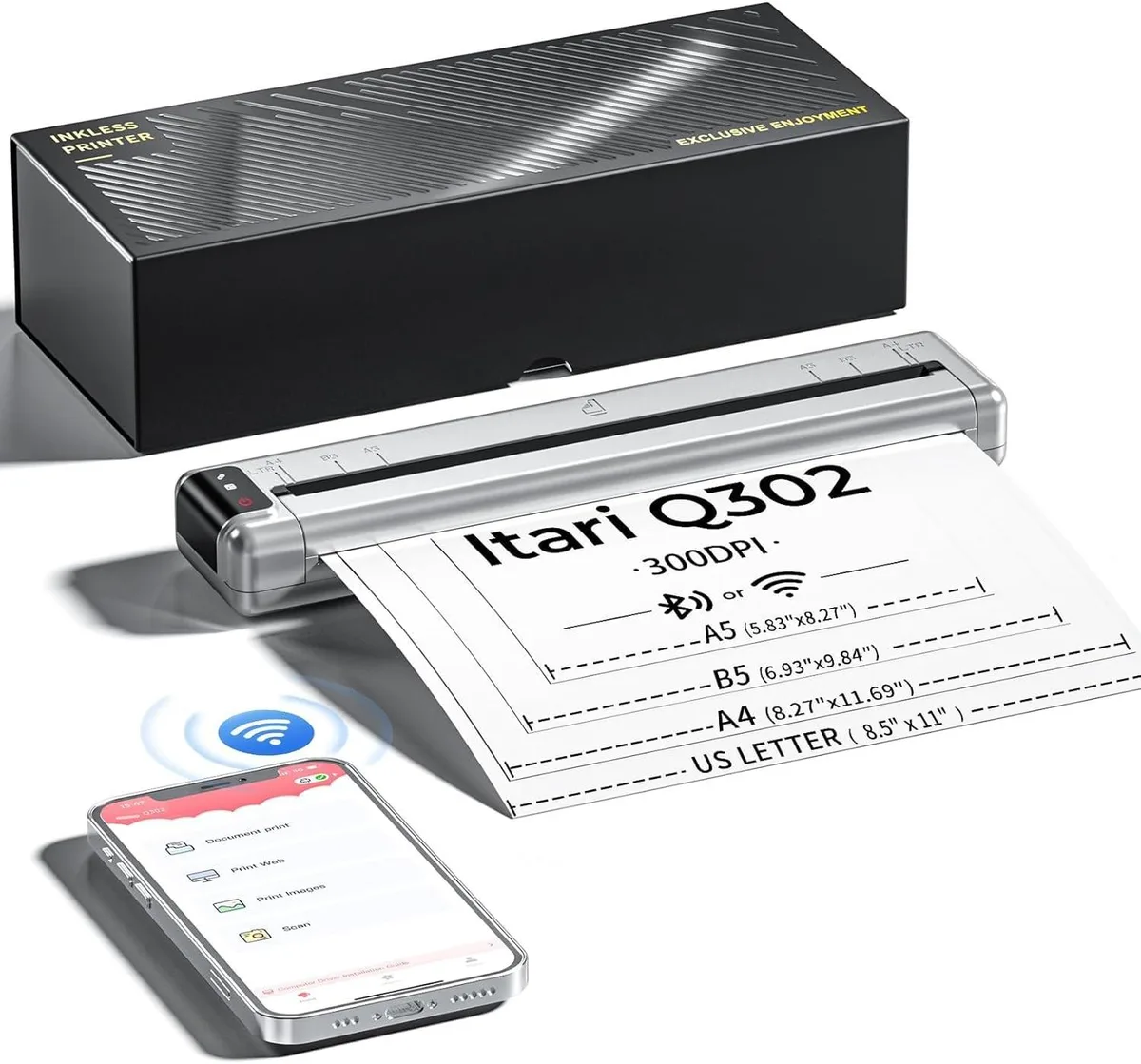 Compact white portable thermal printer with USB cable and paper roll visible