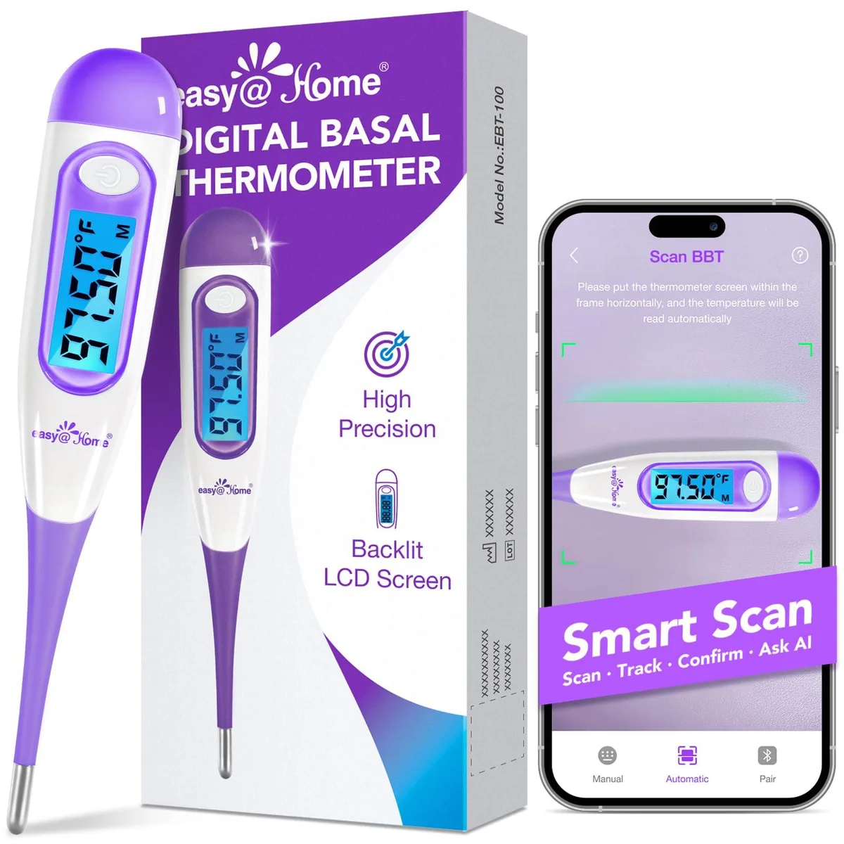 Purple digital basal thermometer with large backlit LCD display and flexible tip