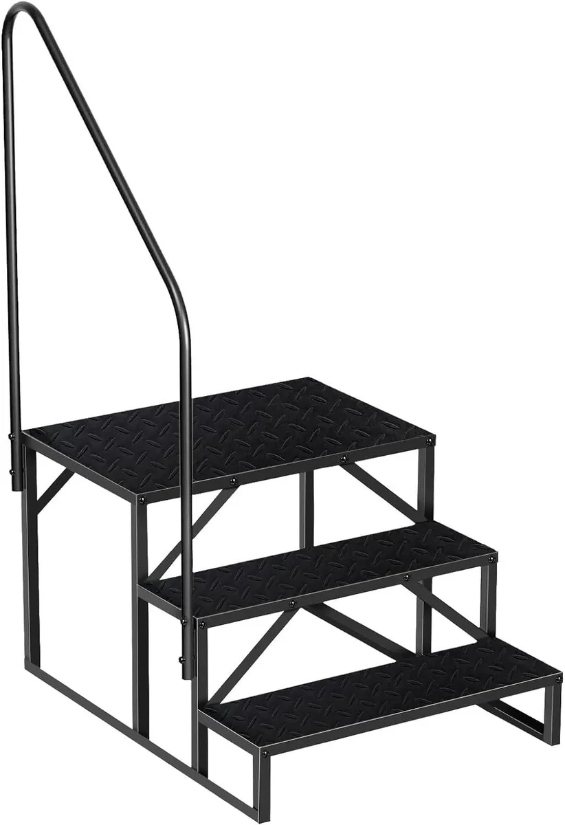 Three-step steel ladder with single side handle, black finish