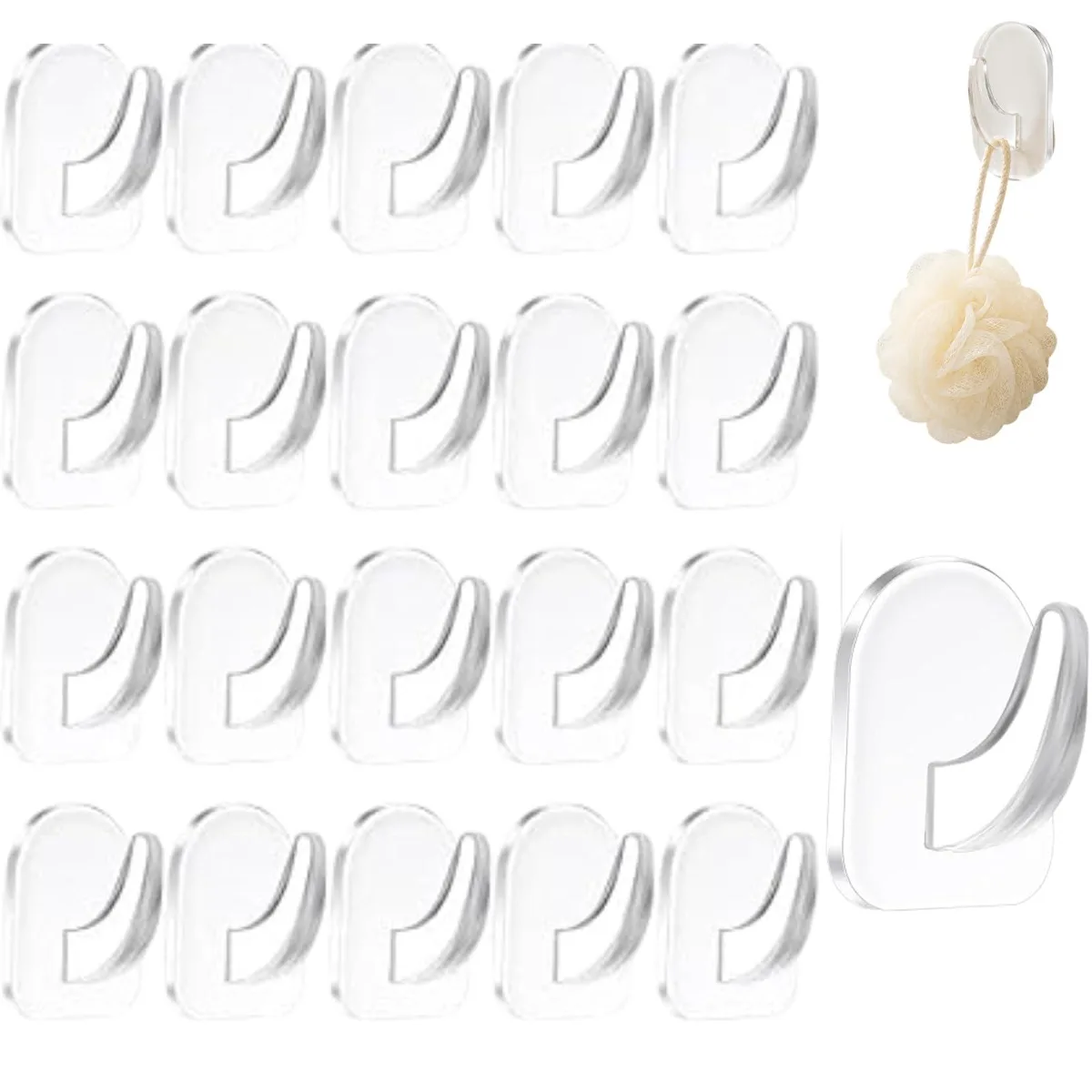 Clear adhesive hooks in a twenty pack