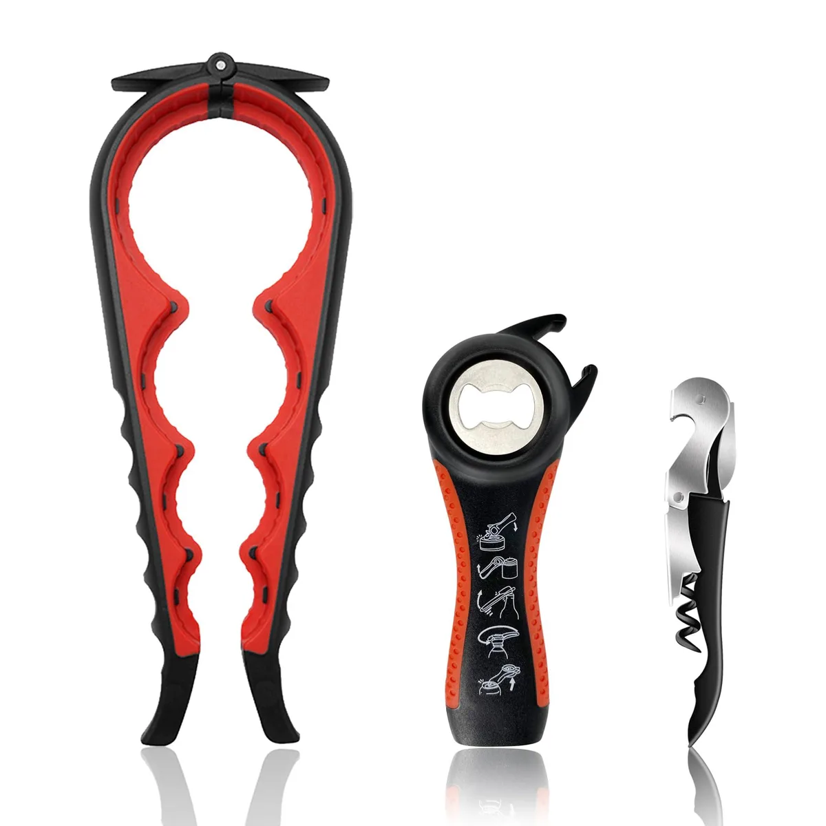 Red 5-in-1 jar opener set with ergonomic handles and corkscrew wine opener