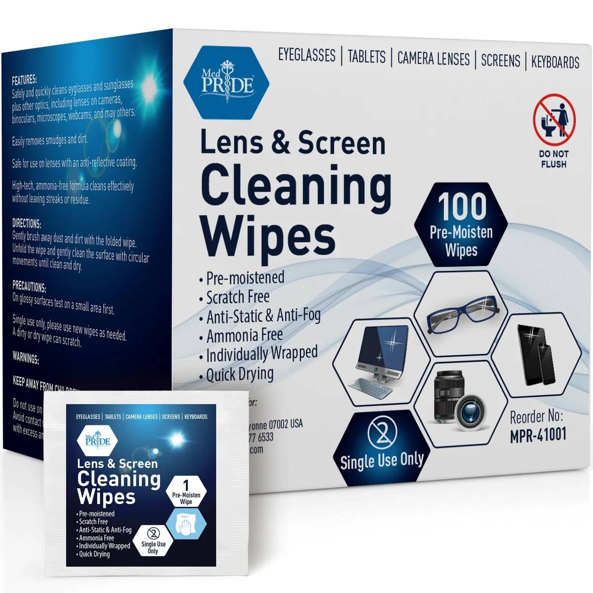Box of 200 individually wrapped anti-fog lens cleaning wipes