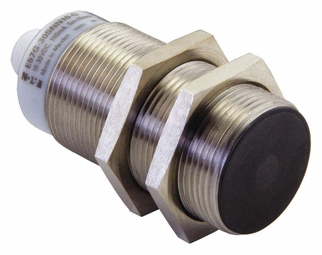 Cylindrical inductive sensor, stainless steel body, 30 mm diameter, 71 mm long, 4 pin micro connector