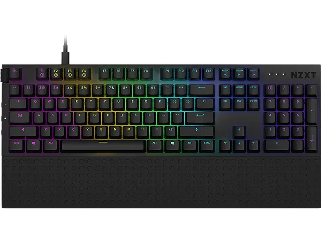 Full-size black mechanical keyboard with aluminium top plate and detachable wrist rest