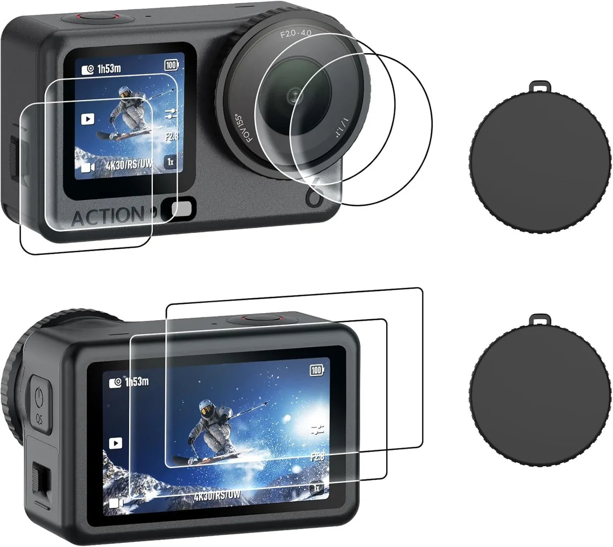 Two black tempered-glass screen protectors and two soft silicone lens caps in a kit for DJI Osmo Action 6