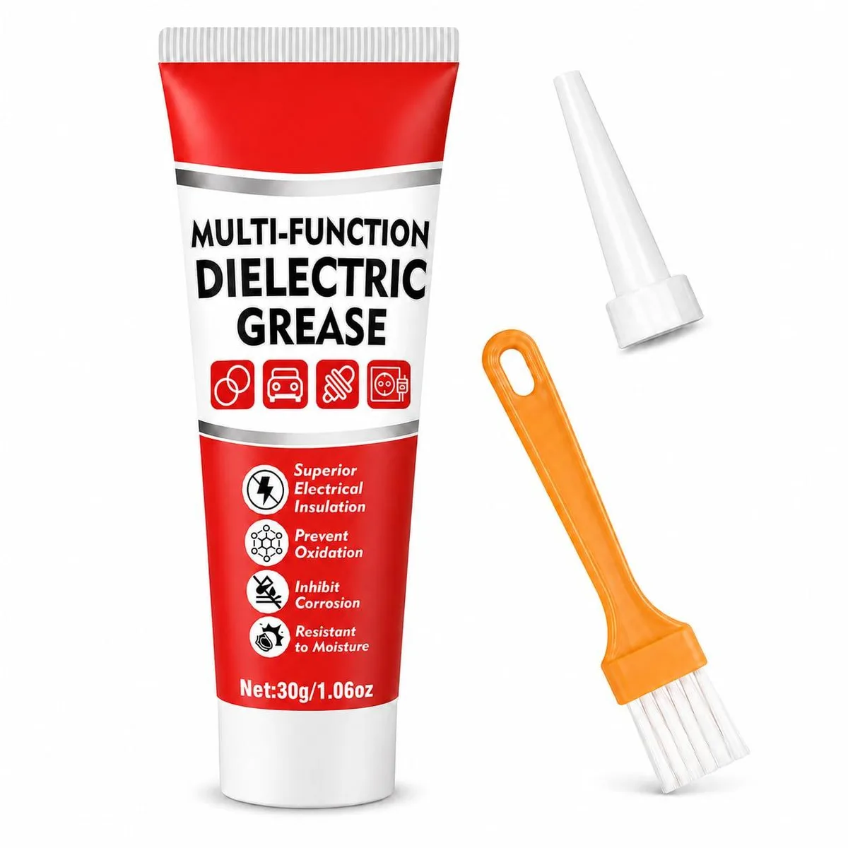 Small white tube with black cap and attached brush