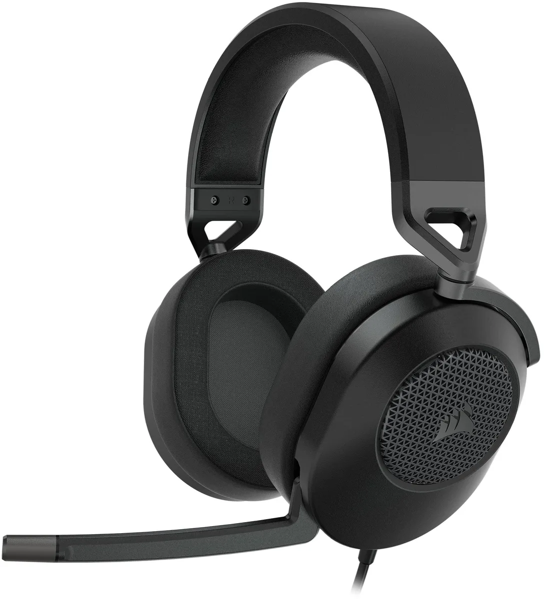 Carbon gaming headset with leatherette ear cups and flip-up microphone