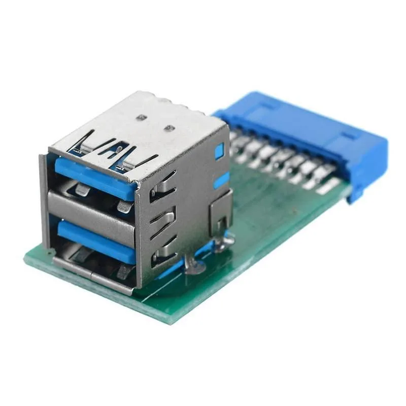 Silver vertical dual USB 3.0 Type A female ports on a green PCB with a 20-pin header