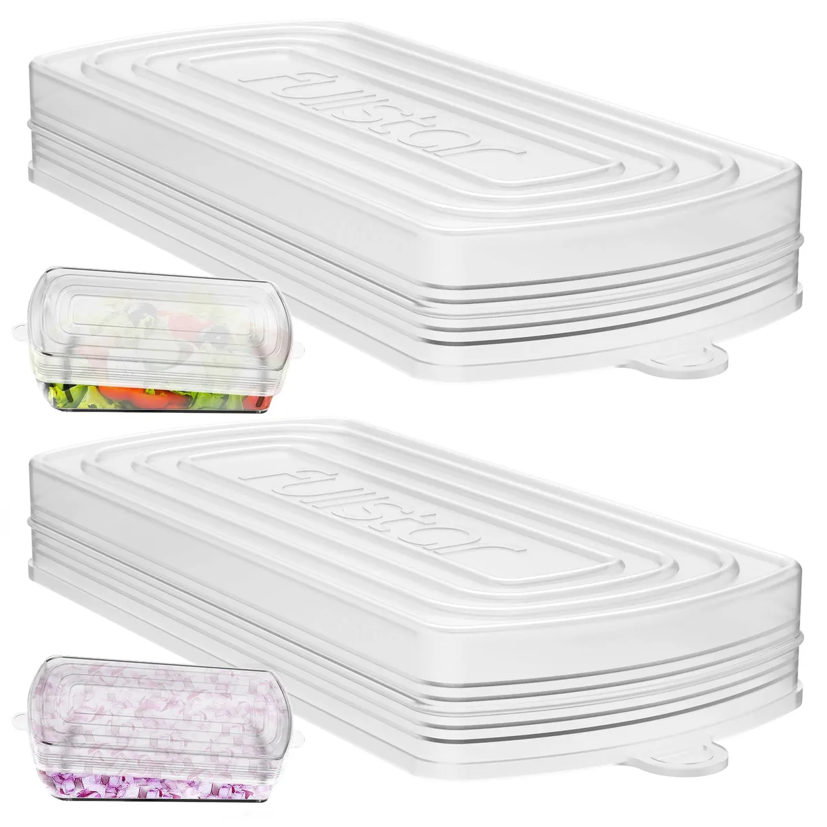Two translucent silicone stretch lids, round, compact form factor, stainless steel colour finish