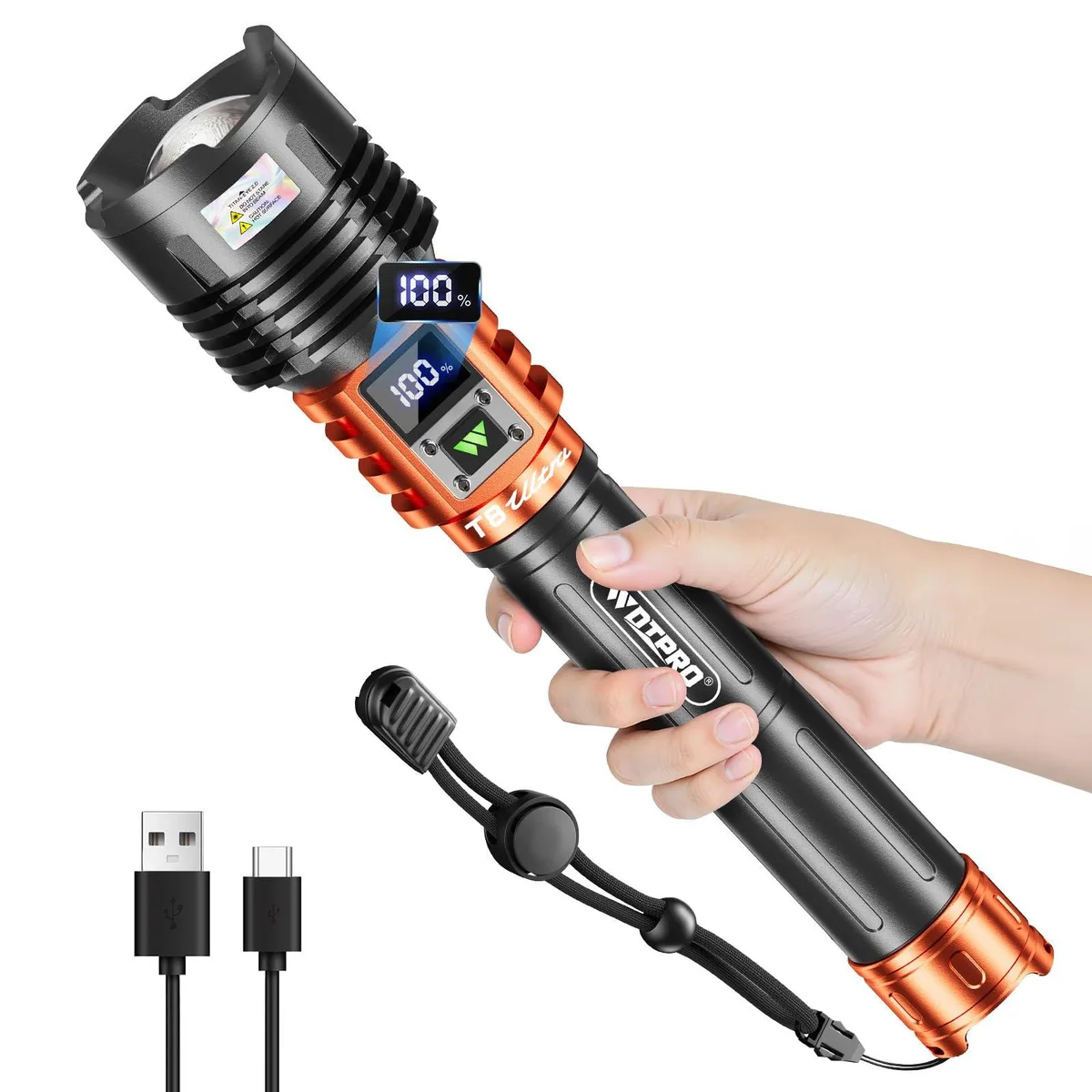 Orange cylindrical aluminum flashlight with LCD display and USB-C port