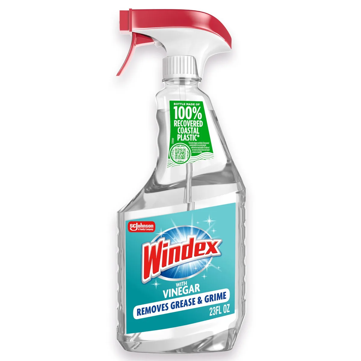 Blue trigger-spray bottle of Windex Vinegar glass cleaner, 23 fl oz, recycled plastic, streak-free formula