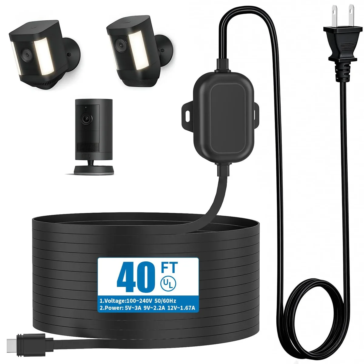 Black flat USB-C weatherproof camera cable, 40 feet long