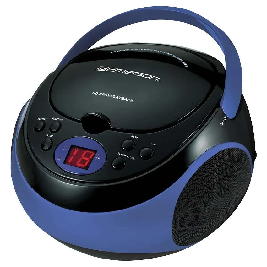 Blue rectangular portable CD player with top-loading disc slot, silver telescopic antenna, dual front speaker grilles and carry handle