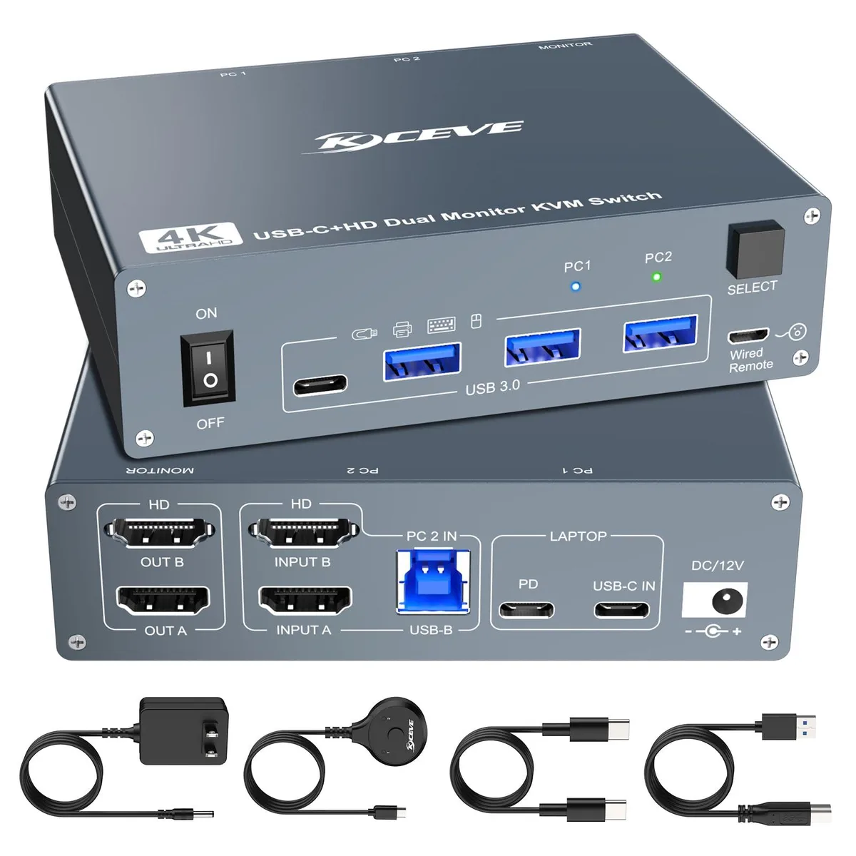 Vszerda Vszerda KC-KVM202CH-US KVM switch 2 monitors 2 computers 4K@60Hz 80W PD — product photo