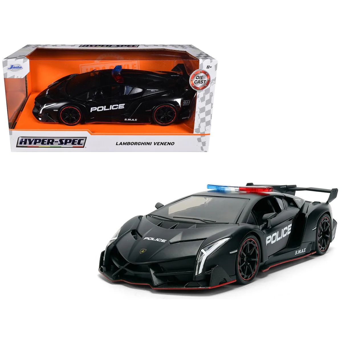 Jada Jada Lamborghini Veneno Police Matt Black Hyper-Spec 1/24 Diecast hobby collectible — product photo