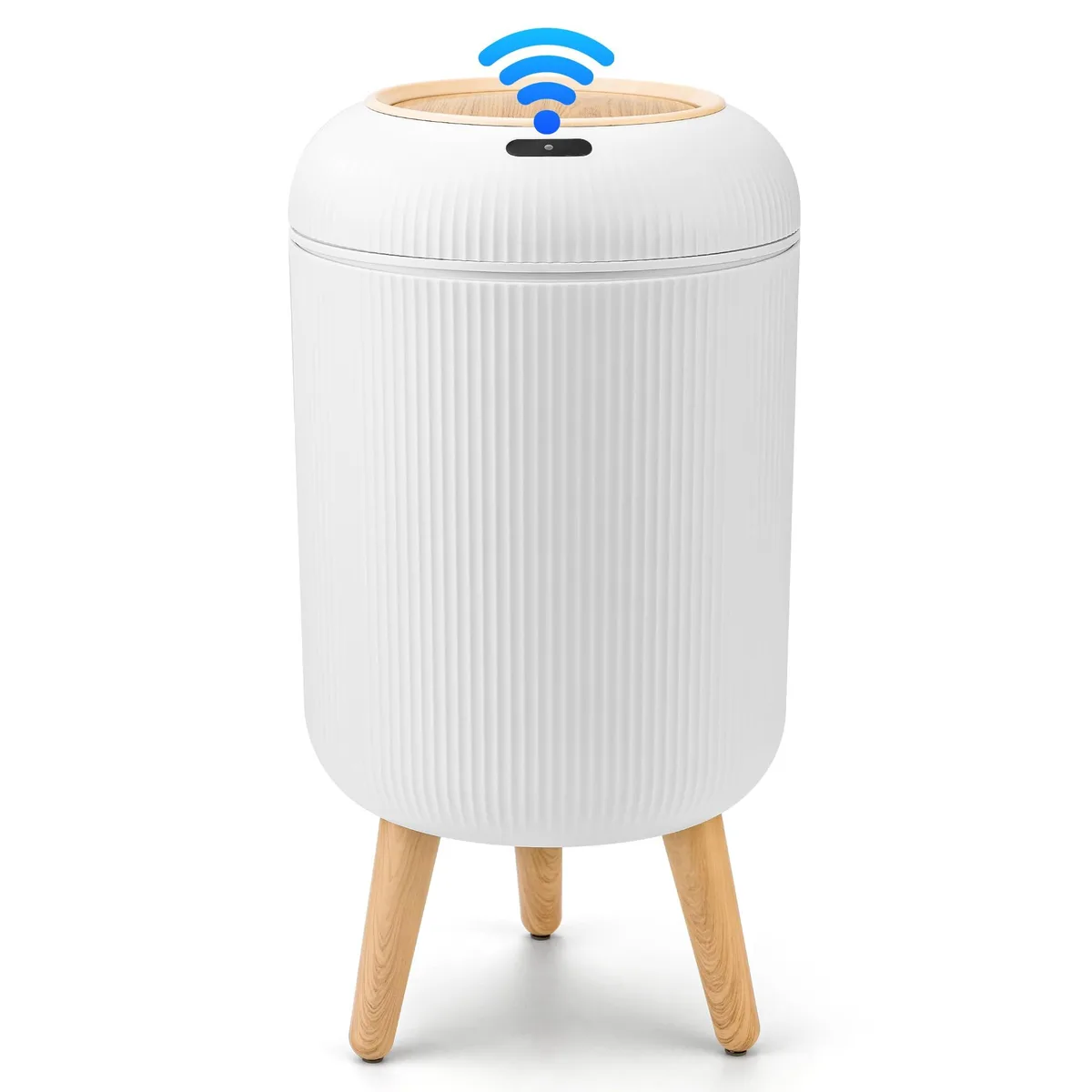 Three white plastic sensor wastebaskets with motion-activated lids, 10 litre capacity each