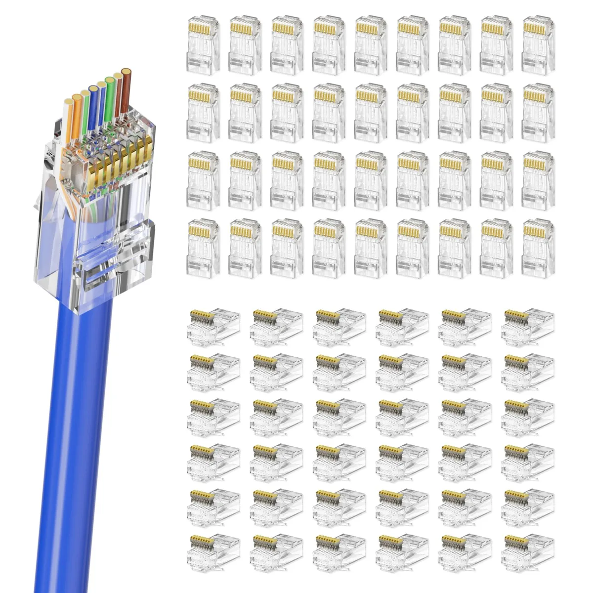 Transparent Cat6 RJ45 pass-through connectors, 100-pack, gold-plated contacts