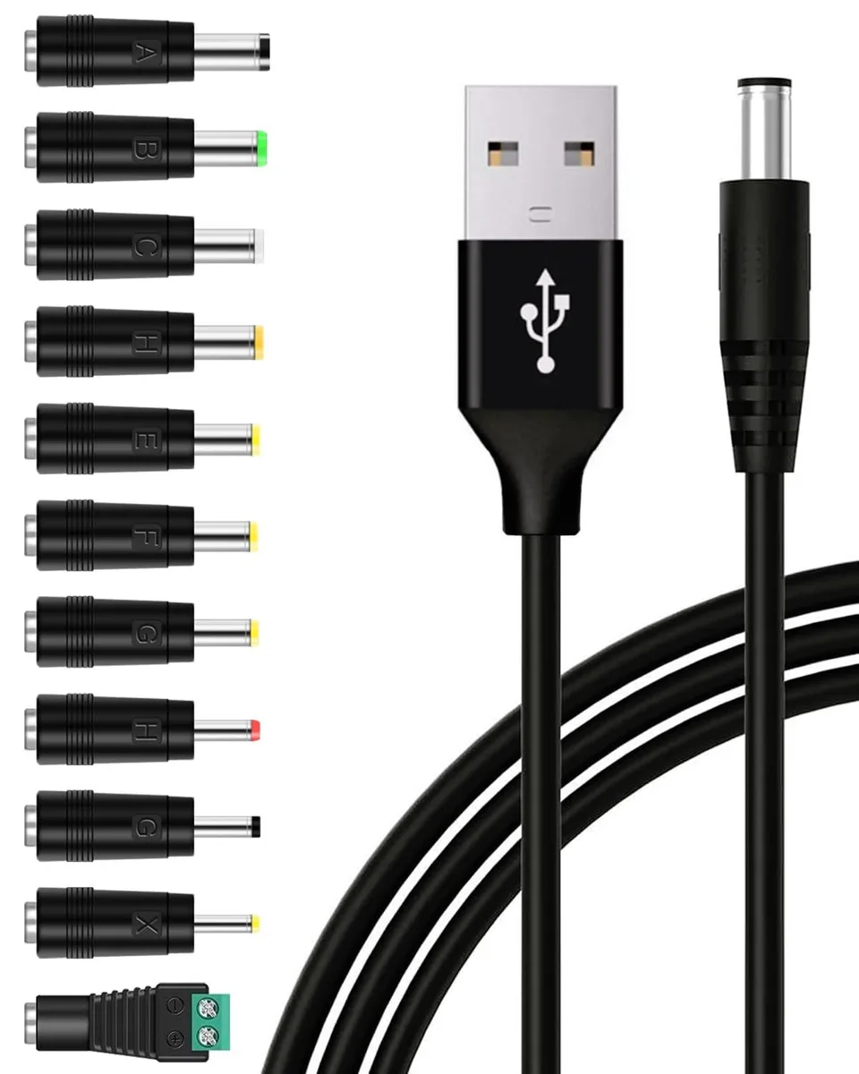 Black USB-A to DC barrel cable with 11 interchangeable tips coiled together