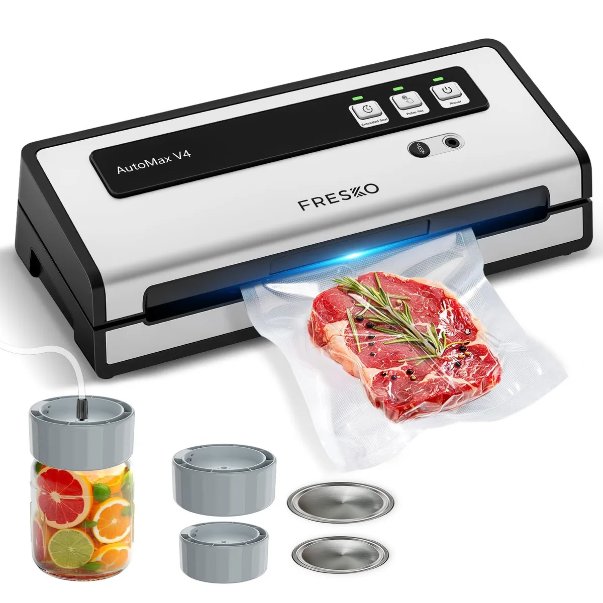  FRESKO V4 Vacuum Sealer Silver-Black 140W 95kPa 10 Bags Mason Jar Kit — product photo