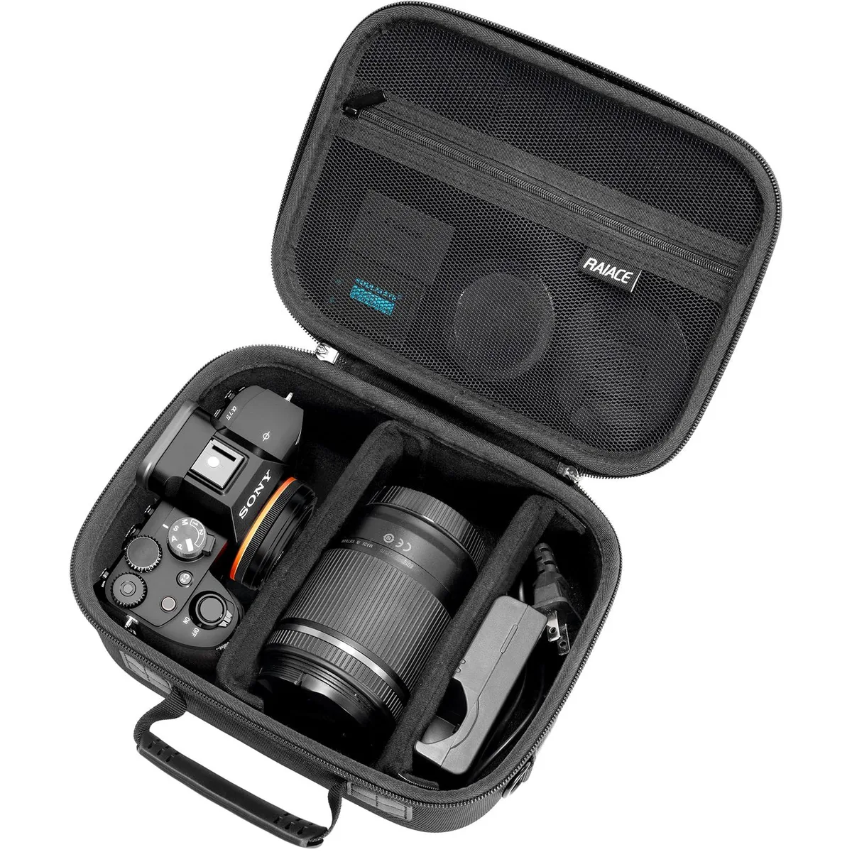 Black hard-shell camera case with rubber handle, shoulder strap, mesh pocket and removable dividers