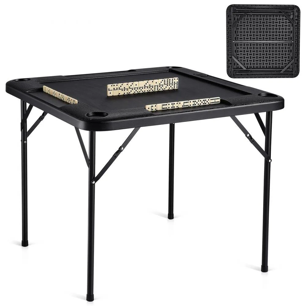 Square black folding game table with four cup holders and chip trays, shown open at 35.4 inches wide