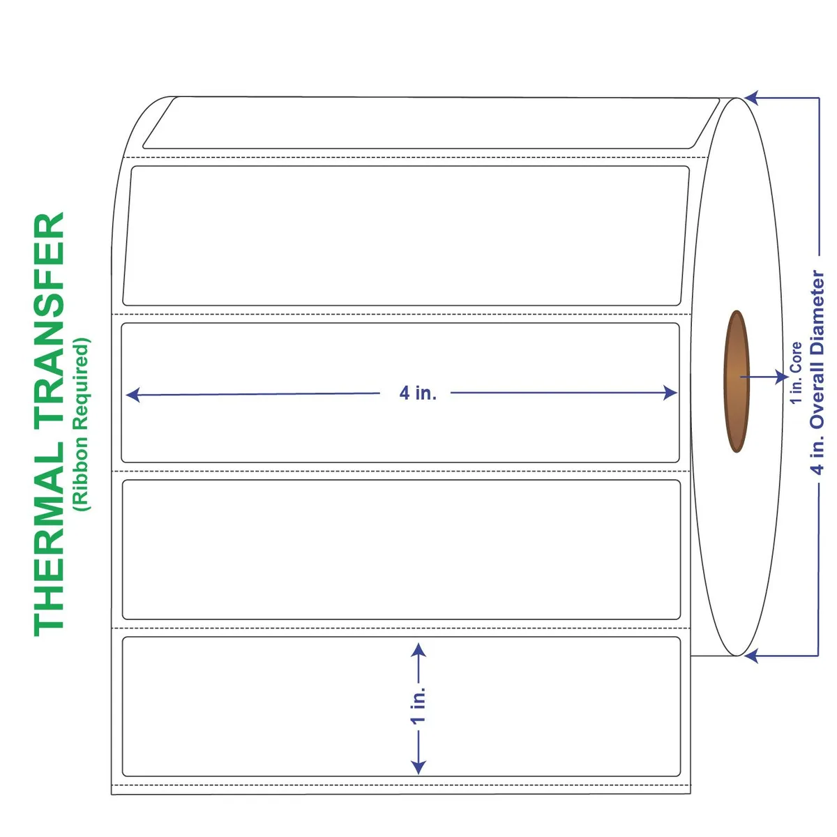 Four white perforated label rolls in a carton