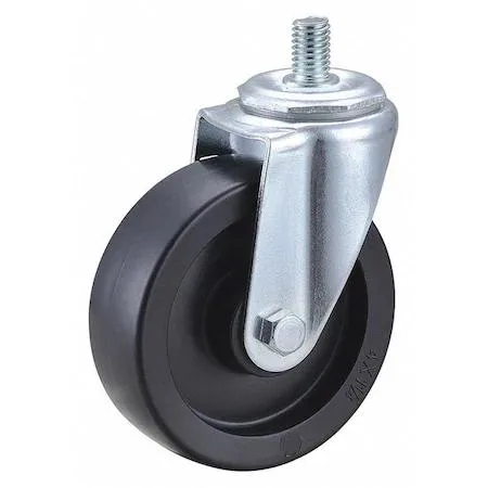 Silver metal caster with black four-inch polyolefin wheel threaded stem mount