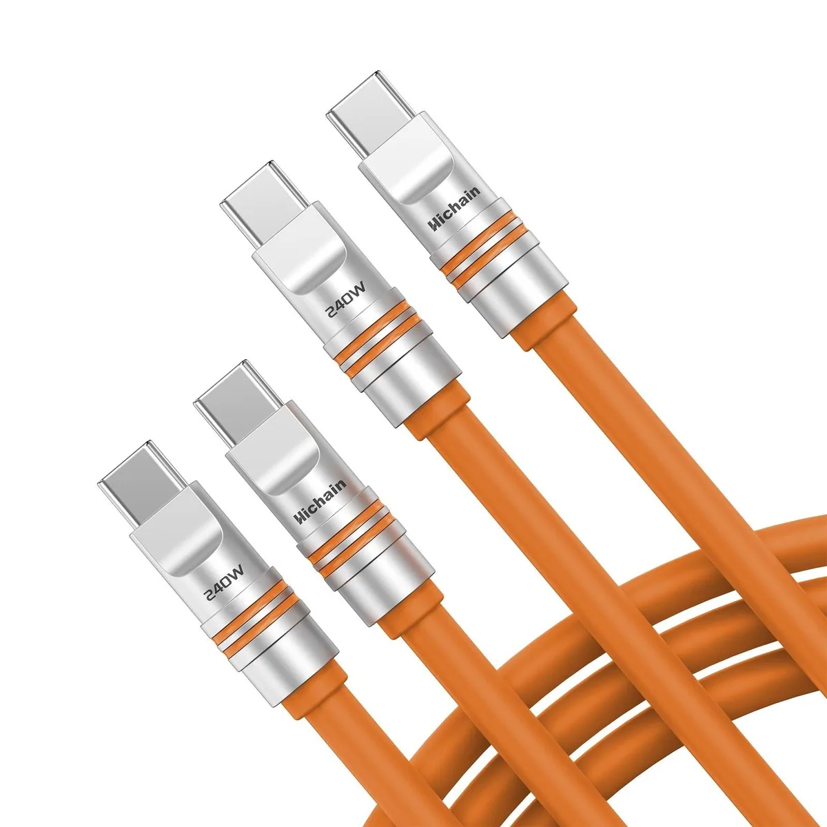 Two orange USB-C to USB-C cables coiled together, soft silicone finish, zinc alloy connectors, 6.5FT length