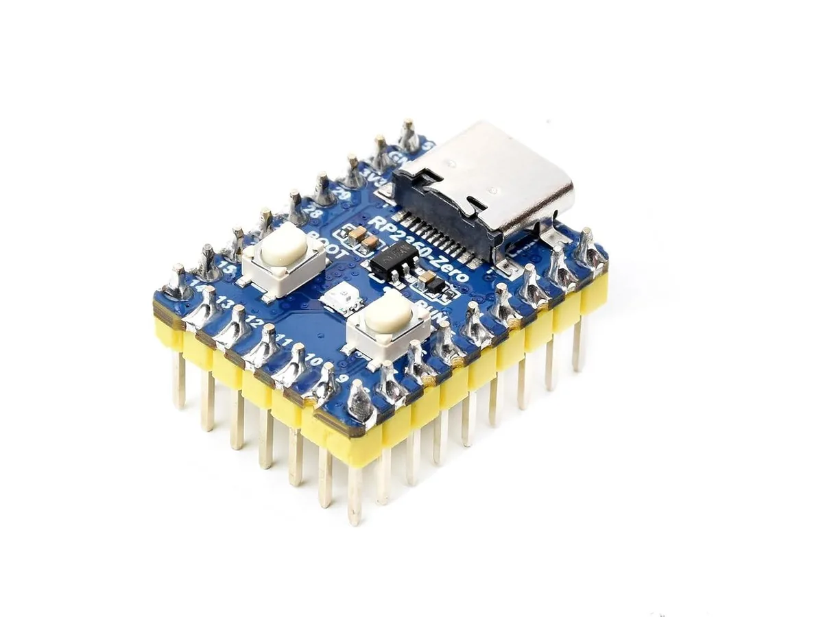Small green circuit board with USB-C port and 29 gold pins pre-soldered along edges