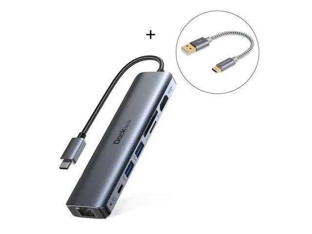 LORDWORLD LORDWORLD 7-in-1 USB-C Hub 4K 60Hz HDMI 100W PD 1Gbps RJ45 SD TF 2 USB-A .5ft Cable — product photo