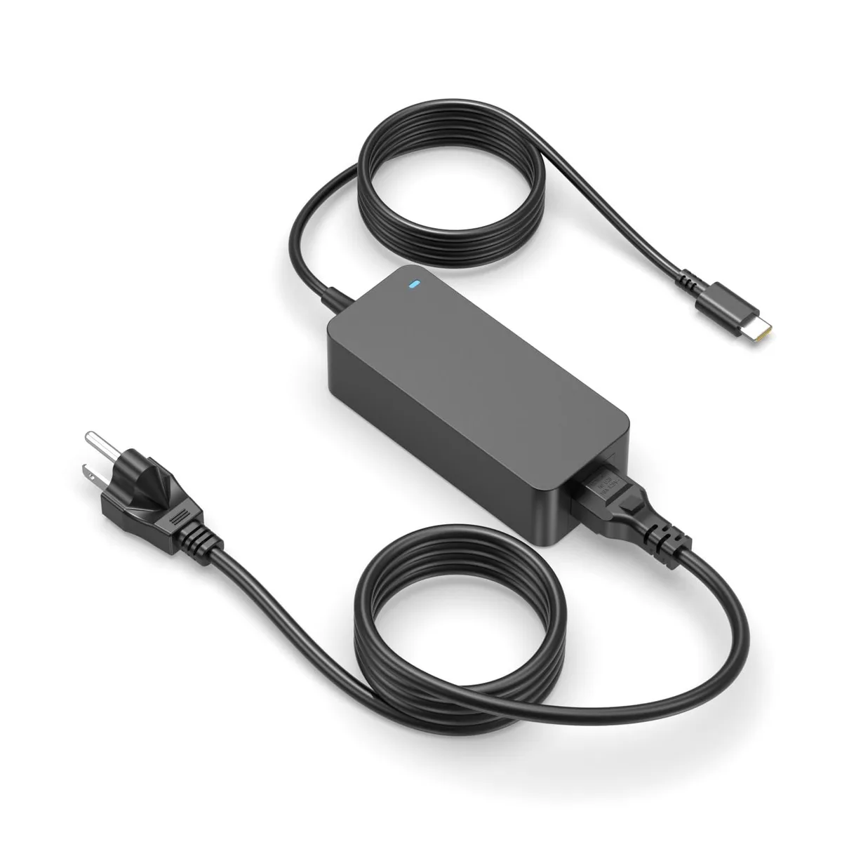 Black rectangular 65W USB-C power adapter with detachable power cord