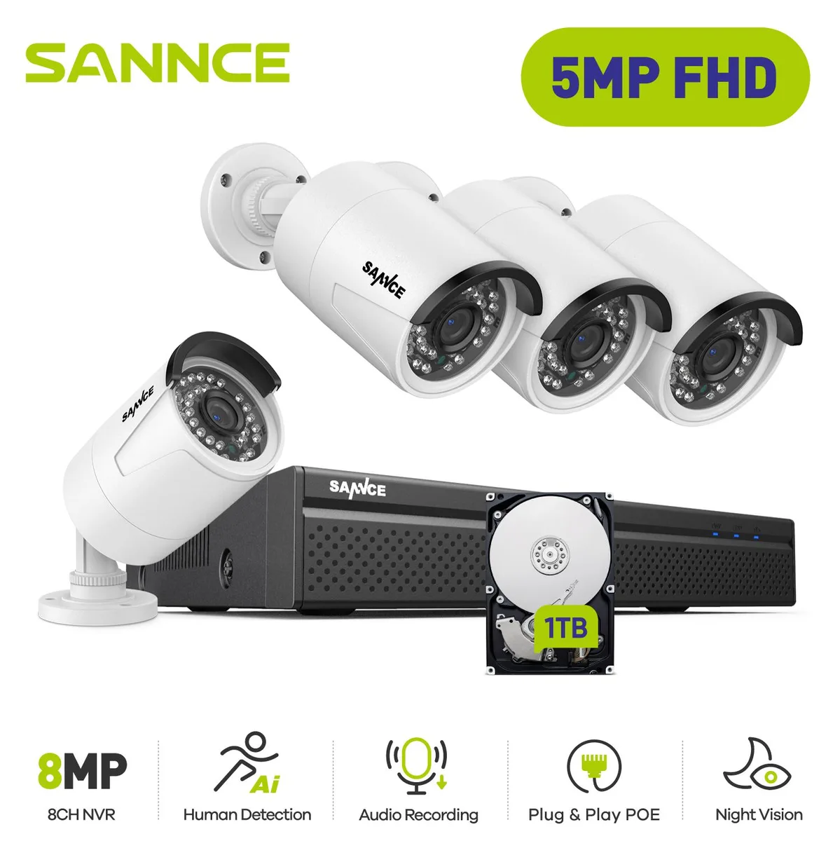 SANNCE SANNCE 8CH 5MP POE surveillance security system with 4 cameras and 1TB HDD — product photo